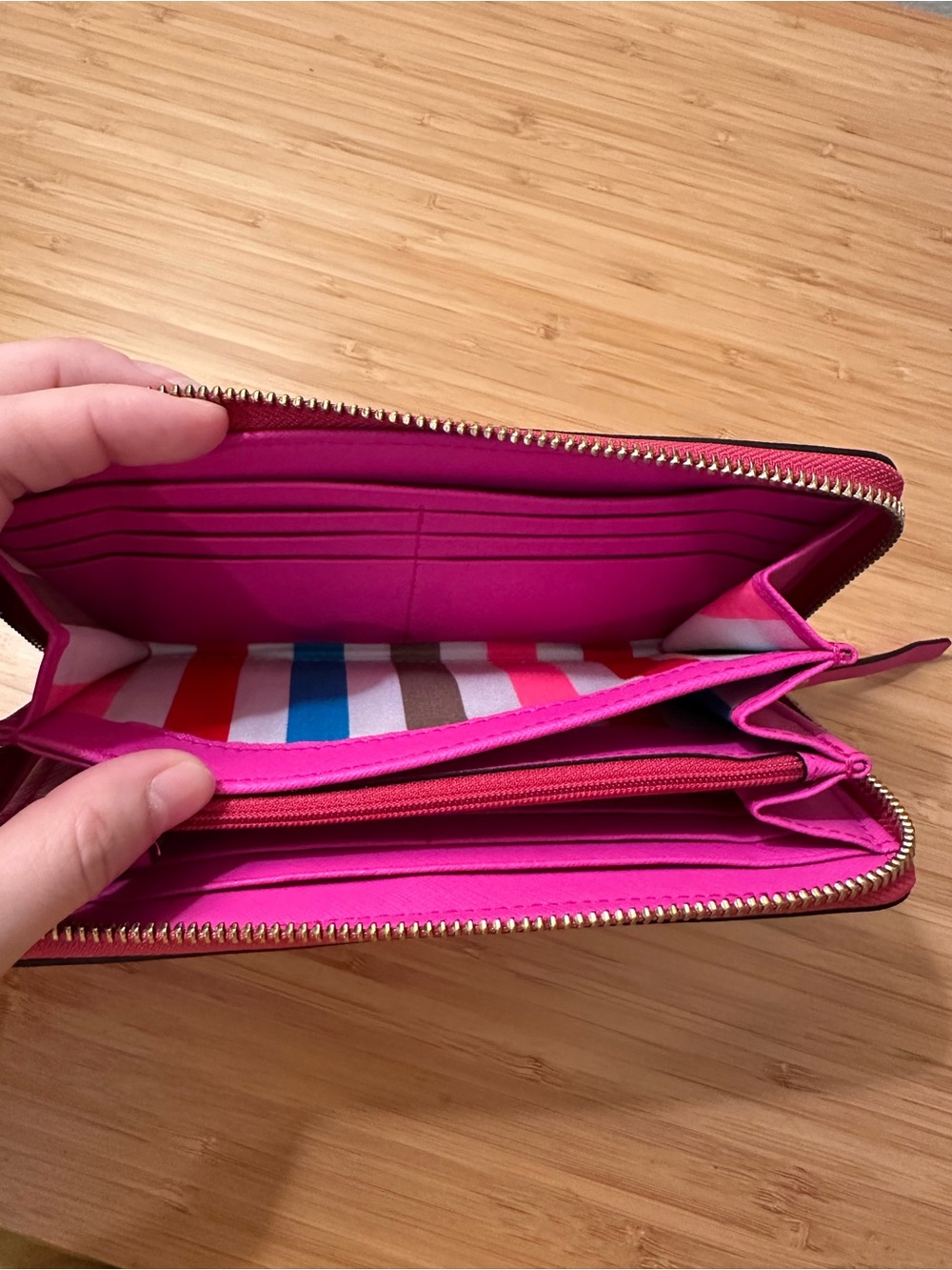 Kate Spade Pink Wallet with Striped Lining and Gold Plaque Detailing - Picture 6 of 9